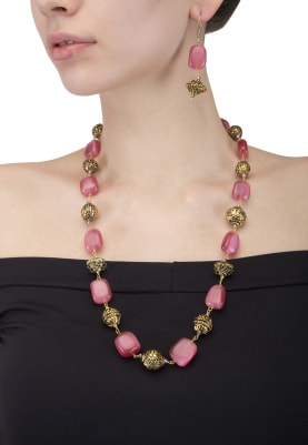 Rose Pink and Golden Beads Necklace Set