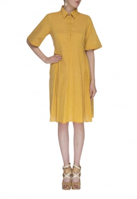 Yellow Collared Flowy Shirt Style Dress