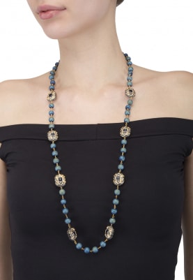 Blue Pearls and Golden Crystal Necklace