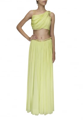 Lime Green Embellished Crop Top with Draped Dupatta Attached and Embellished Waist Band Lehenga