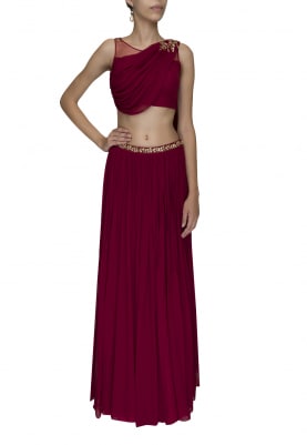 Wine Red Embellished Crop Top with Draped Dupatta Attached and Embellished Waist Band Lehenga