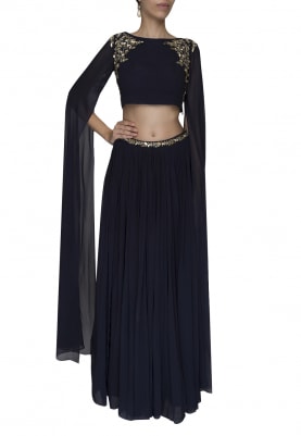 Navy Blue Mukaish Embroidered Crop Top with Embellished Waist Band Gathered Skirt