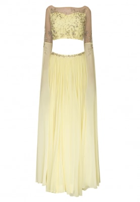 Lemon Yellow Embellished Golden Work Crop Top with Panel Flared and Volume Skirt