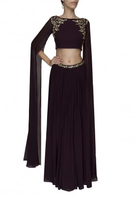 Brinjal Purple Mukaish Embroidered Crop Top with Embellished Waist Band Gathered Skirt