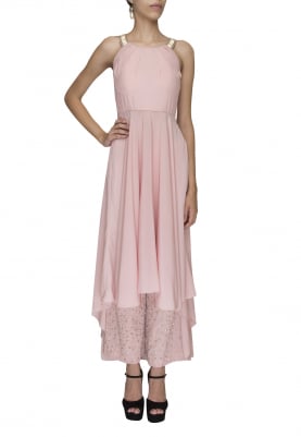 Pink Draped Bodice with Asymmetrical Flare with Sequin and Zari Work Palazzo