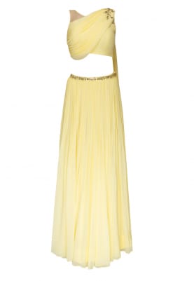 Lemon Yellow Embellished Crop Top with Draped Dupatta Attached and Embellished Waist Band Lehenga