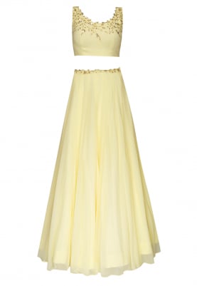 Lemon Delicately Embroidered Crop Top and Skirt with Embellished Waistband