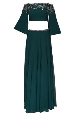 Teal Green Off-Shoulder Cutwork Embroidered Neckline Top and Embellished Waist Band Skirt