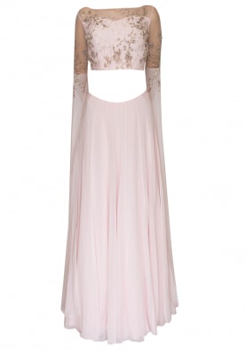 Light Pink Embellished Golden Work Crop Top with Panel Flared and Volume Skirt