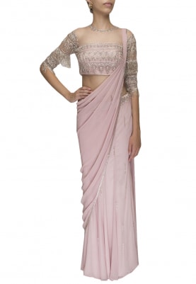 Baby Pink Draped Waistband Embellished Saree with Embroidered Blouse