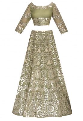 Green Crop Top and Lehenga with Leather Embroidered Work