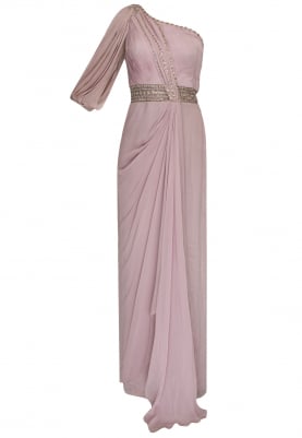 Persian Pink Off-Shoulder Draped Gown with Embellished Waist Band and Pleated Yoke