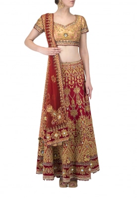 Red Embroidered Lehenga with Gold Embroidered Blouse and Dupatta with Embroidered Border and Motif