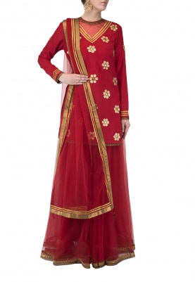 Red Embroidered Kurta with Gota Border Sharara and Tulle Stole with Metal Edging