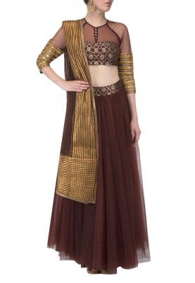 Brown Choli Style Blouse, Mirror Embellished Waist Belt and Dupatta with Gota Detailing