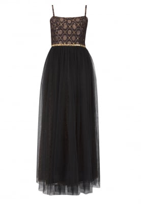 Black Brocade Bodice Dress with Antique Metal Work and Mirror Lace At Waist