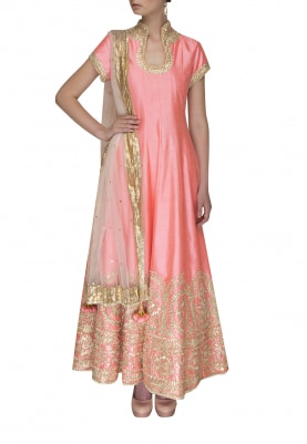 Neon Pink Stand Collar Anarkali with Gold Gota Patti Work At The Hemline Paired with Net Dupatta with Gold Border and Tassels