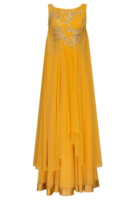 Yellow Machine and Hand Embroidered Cape Asymmetric Length Gown