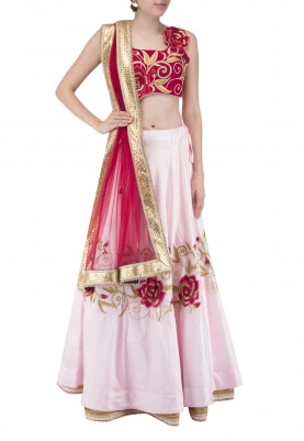 Maroon and Pink Rose Motif Embroidered Lehenga, Blouse and Dupatta