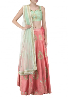 Turqoise Top and Peach Lehenga with All-Over Resham and Cutwork Embroidered with Dupatta