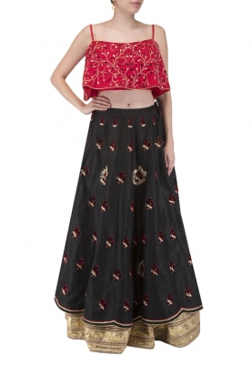 Red Crop Top with Curcular Flare and Black Double Layer Embroidered Skirt with Broad Border at Hemline