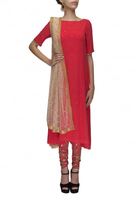 Coral Red Embroidered Kurta, Churidar with Ivory Embellished Dupatta