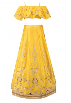 Yellow Gold Gota Work Embroidered Crop Top with Frill Paired with Skirt