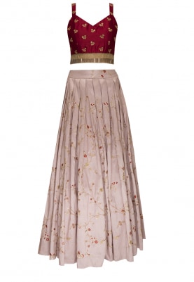 Wine Embroidered Blouse with Lilac Lehenga and Dupatta