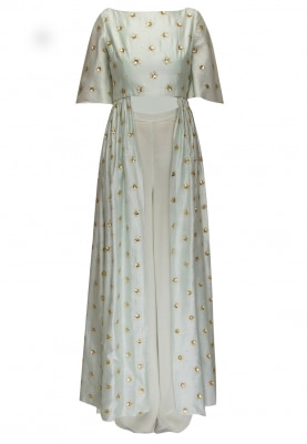 Ice Blue Sequin Embroidered High-Low Kurta with Plain Palazzo Pant.