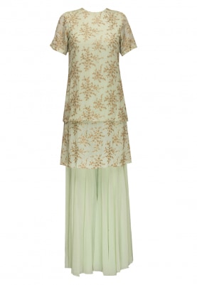 Pista Green All-Over Embroidered Kurta with Plain Flared Gharara and Lace Edging Border Dupatta