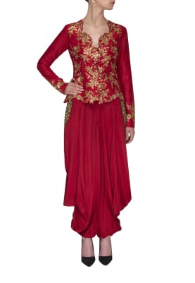 Red Embroidered Jacket with Pocket Embroidered Cowl Dhoti