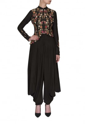 Black Embroidered Cut Work Style Asymmetric Jacket Paired with Dhoti Pants
