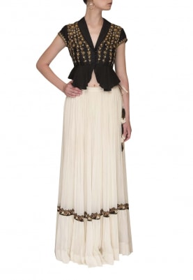 Black Embroidered Peplum Top Paired with Cream Sharara