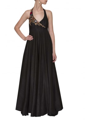 Black Halter Cross-Over Embroidred Gown