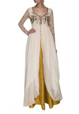 Cream Bodice and Sleeve Embroidered Anarkali with Golden Yellow Skirt and Dupatta