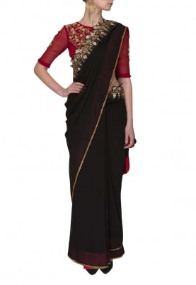 Red Embellished Blouse with Black and Red Short Shaded Saree