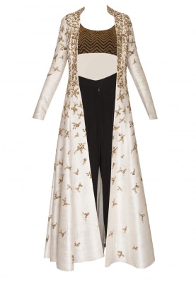 Black Embroidered Blouse with Dhoti and Cream All-Over Embroidered Jacket