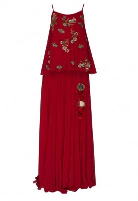 Red Embroidered Camisole Flared Top with Straight Heavy Tassel Skirt