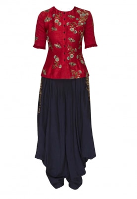 Red Embroidered Jacket with Pocket Embroidered Cowl Indigo Dhoti