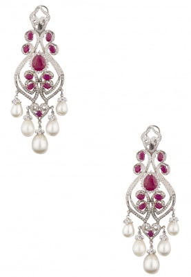 White Rhodium Finish Cubic Zirconia and Rubies Pearl Earrings