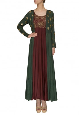 Maroon Embroidered Anarkali with Bottle Green Yoke and Sleeve Embroidered Jacket