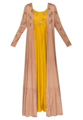 Lime Embroidered Anarkali with Mauve Yoke and Sleeve Embroidered Jacket
