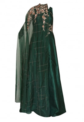 Bottle Green Patterened Embroidered Gown with Shoulder Cape