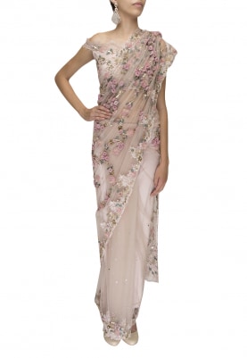 Pink Garden Chantilly Lace Embroidered Saree