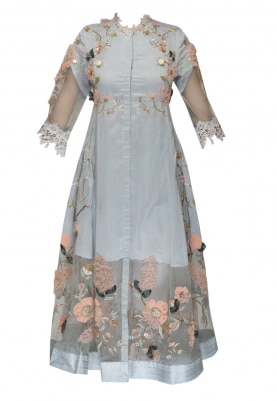Blue Cherry Blossom 3D Floral Embroidered Tunic and Pant