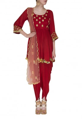 Red Embroidered Peplum Top and Dhoti with Striped Dupatta