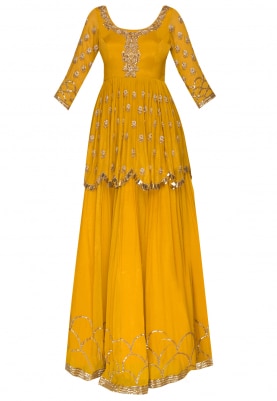 Citrus Embroidered Peplum Top with Scalloped Border Lehenga with Net Embellished Dupatta