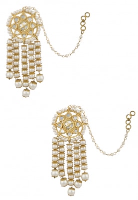 Gold Finish Kundan and Pearl Chain Tassel Earrings