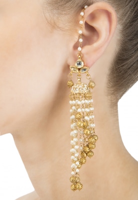 Gold Finish Kundan and Pearls Chandlier Earrings