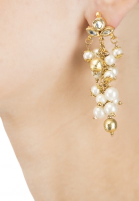Gold Finish Kundan and White Beads Earrings
